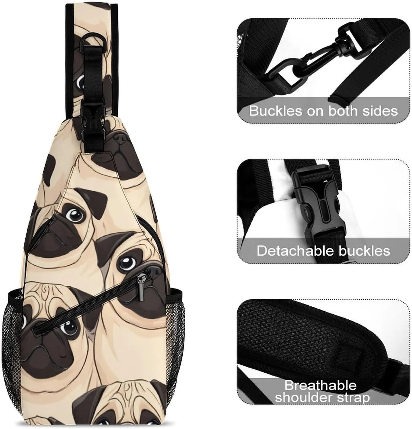 Fashion Puppy Pug Dogs Print Adjustable Chest Bag, Durable Large Capacity with Pockets and Buckles Sling Bag Shoulder Bags Crossbody Backpack for Women Men