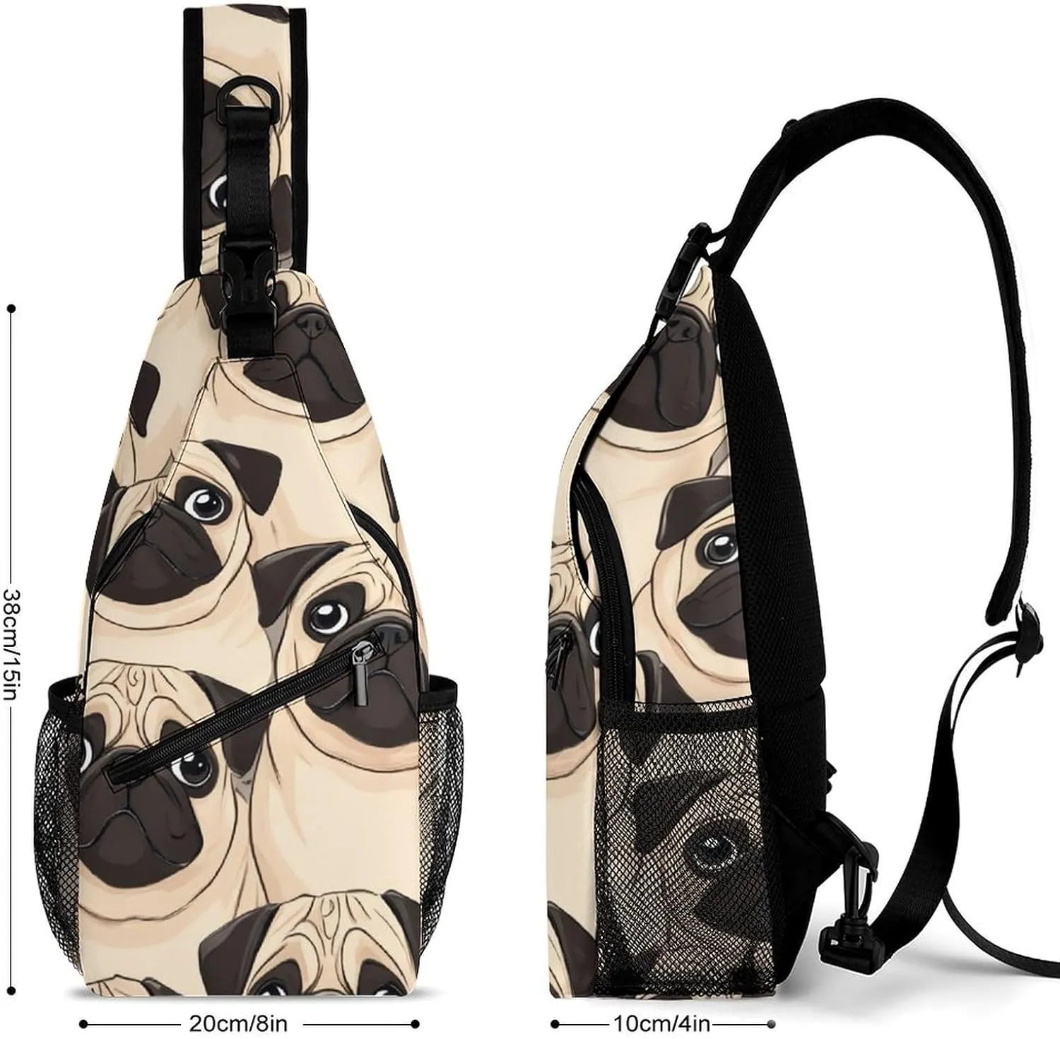 Fashion Puppy Pug Dogs Print Adjustable Chest Bag, Durable Large Capacity with Pockets and Buckles Sling Bag Shoulder Bags Crossbody Backpack for Women Men