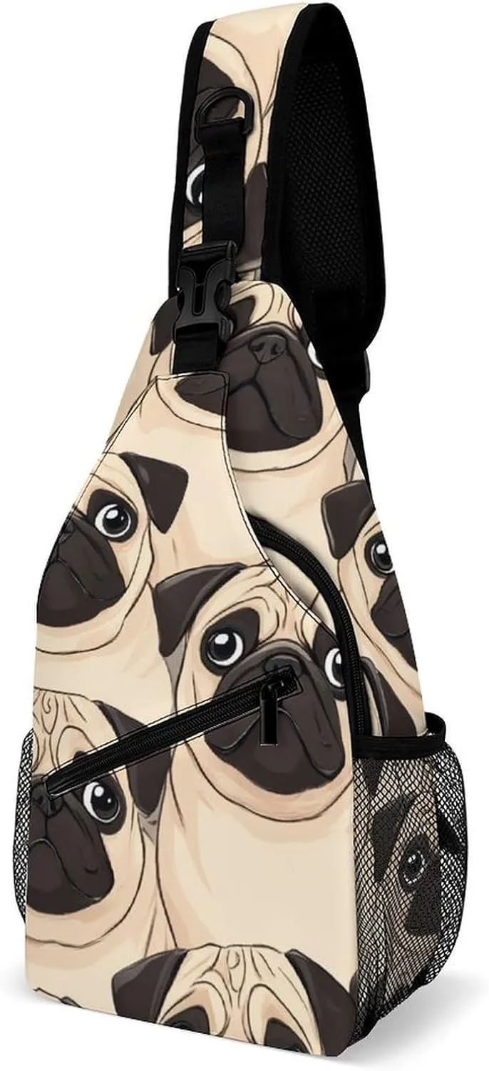 Fashion Puppy Pug Dogs Print Adjustable Chest Bag, Durable Large Capacity with Pockets and Buckles Sling Bag Shoulder Bags Crossbody Backpack for Women Men