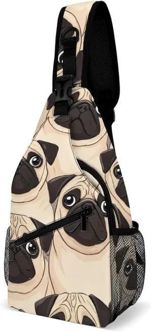 Fashion Puppy Pug Dogs Print Adjustable Chest Bag, Durable Large Capacity with Pockets and Buckles Sling Bag Shoulder Bags Crossbody Backpack for Women Men