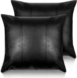 Faux Leather Throw Pillow Cover 18X18 Inch Set of 2 Black Outdoor Modern Farmhouse Solid Decorative Pillow Covers for Room Couch Living Bedroom Bed Sofa