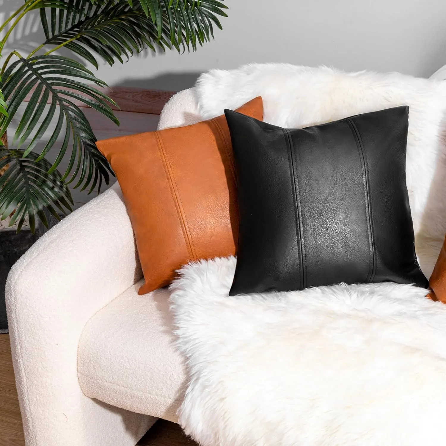 Faux Leather Throw Pillow Cover 18X18 Inch Set of 2 Black Outdoor Modern Farmhouse Solid Decorative Pillow Covers for Room Couch Living Bedroom Bed Sofa