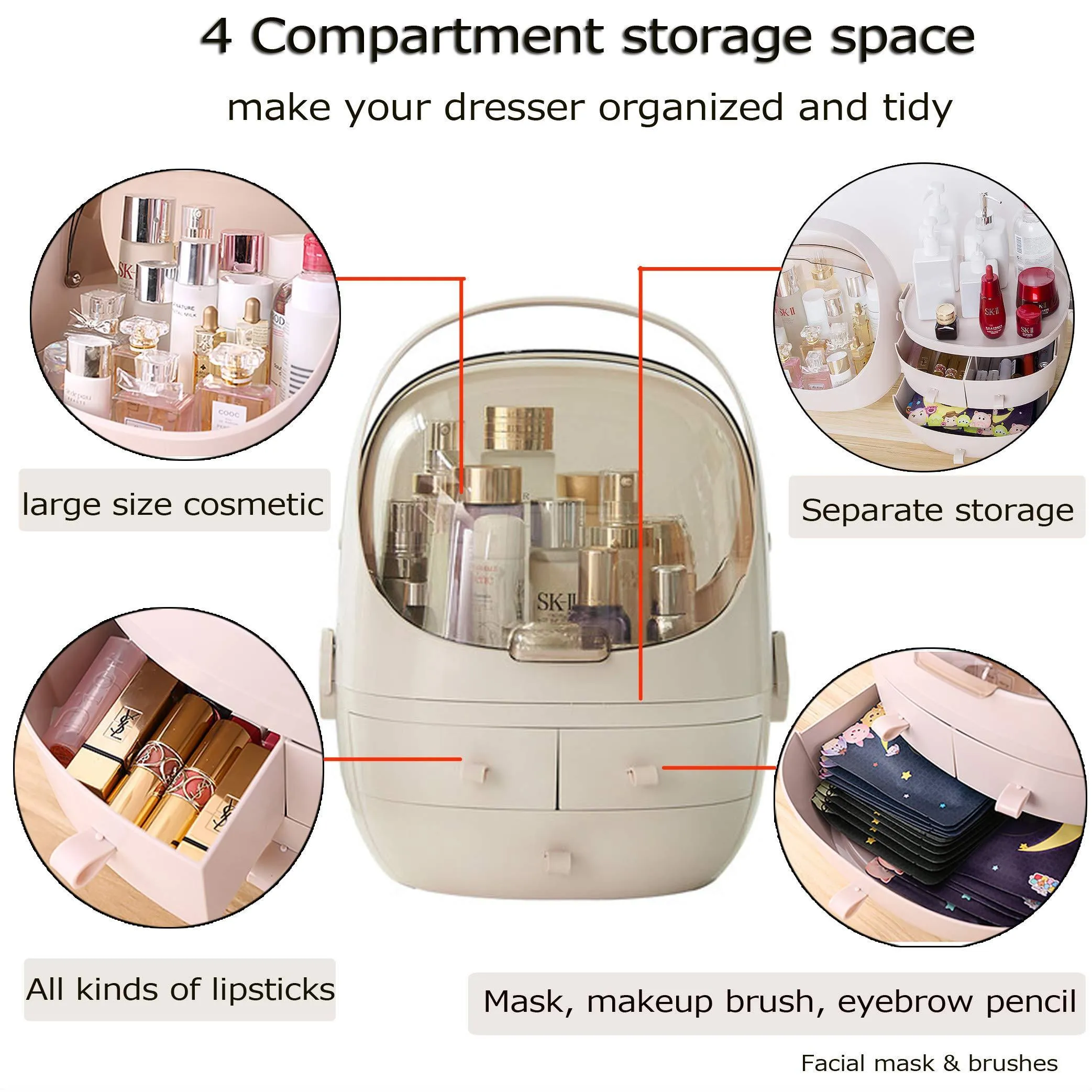 FAZHEN Cosmetic and Jewelry Storage with Dustproof Lid, Large Makeup Organizer, Display Boxes with Drawers for Vanity, Skin Care Products Rack Dressing Table Desktop Finishing Box (Pink)