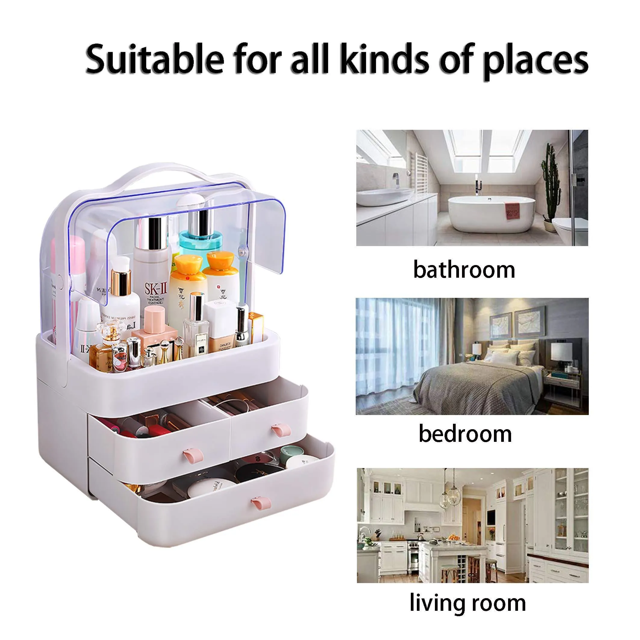 FAZHEN dust-Proof Makeup Organizer, Cosmetic and Jewelry Storage with Dustproof Lid, Display Boxes with Drawers for Vanity, Skin Care Products Rack Dressing Table Desktop Finishing Box