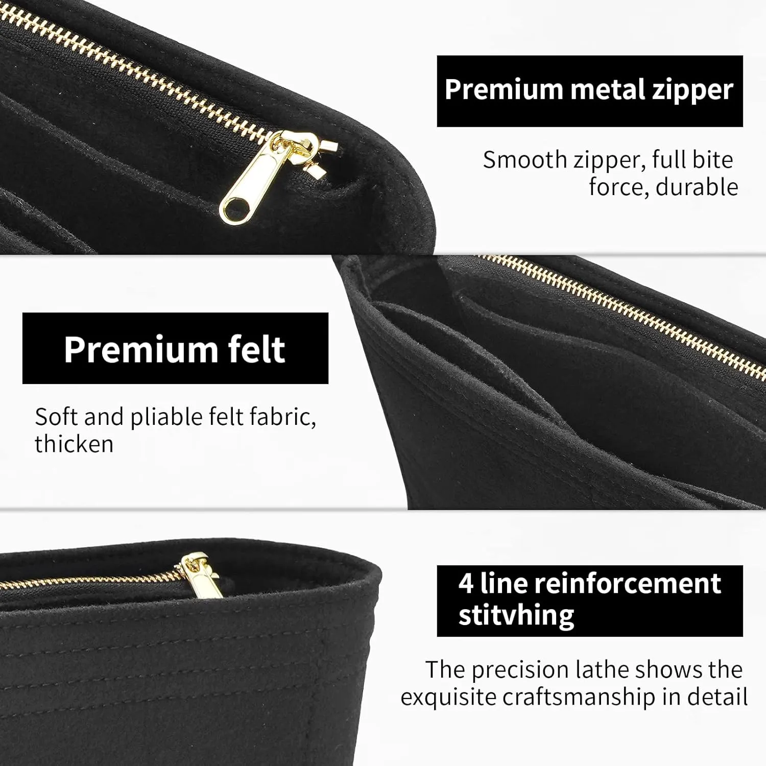 Felt Insert Purse Organizer with Zipper fit GG Marmont Matelasse Shoulder Bag, Organizer Handbag Tote Liner Pouch for Women Inner Bladder Bag Storage (Medium, Black)