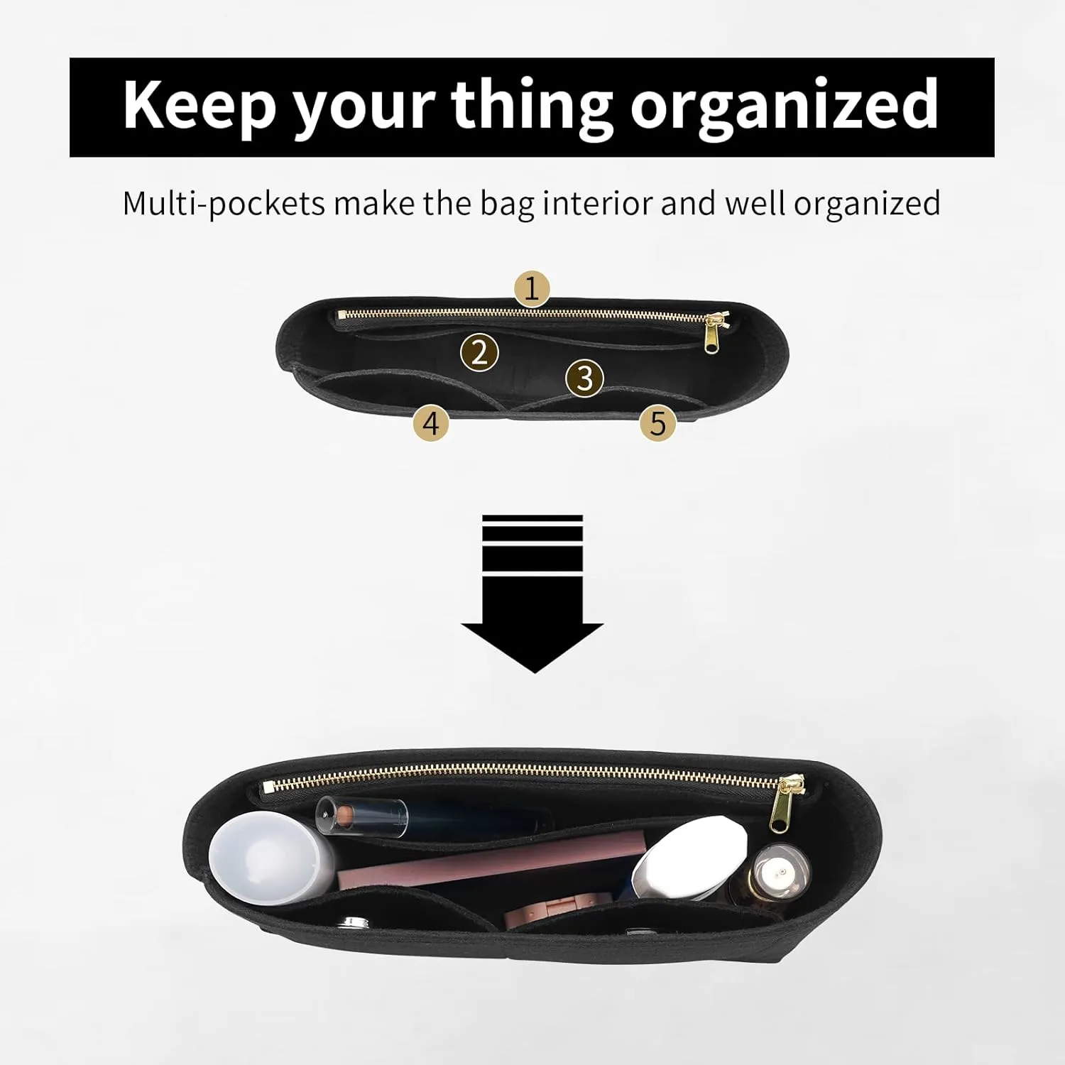 Felt Insert Purse Organizer with Zipper fit GG Marmont Matelasse Shoulder Bag, Organizer Handbag Tote Liner Pouch for Women Inner Bladder Bag Storage (Medium, Black)