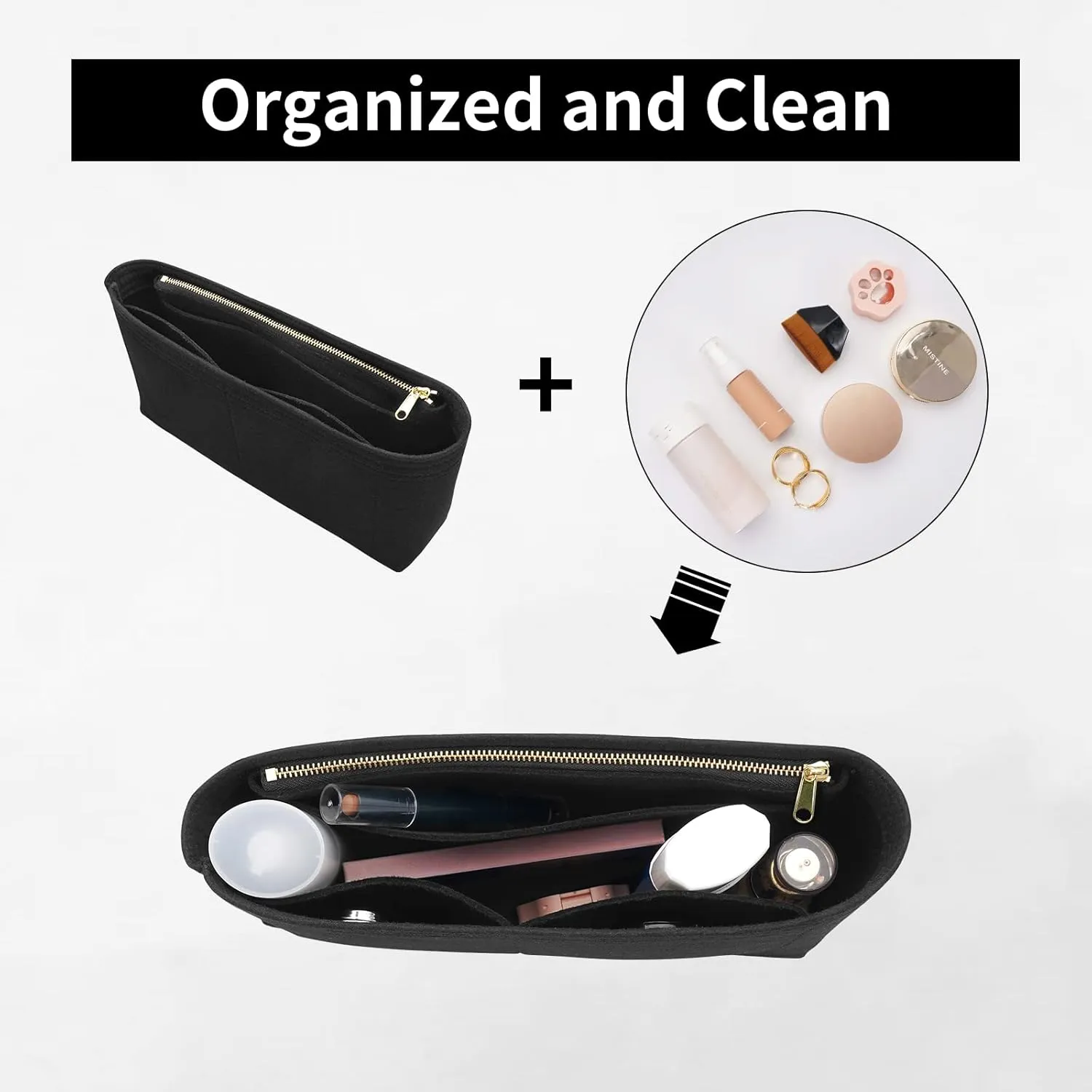 Felt Insert Purse Organizer with Zipper fit GG Marmont Matelasse Shoulder Bag, Organizer Handbag Tote Liner Pouch for Women Inner Bladder Bag Storage (Medium, Black)