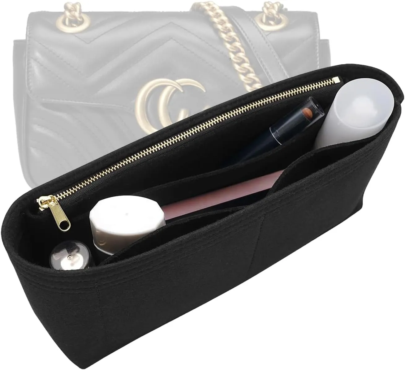 Felt Insert Purse Organizer with Zipper fit GG Marmont Matelasse Shoulder Bag, Organizer Handbag Tote Liner Pouch for Women Inner Bladder Bag Storage (Medium, Black)