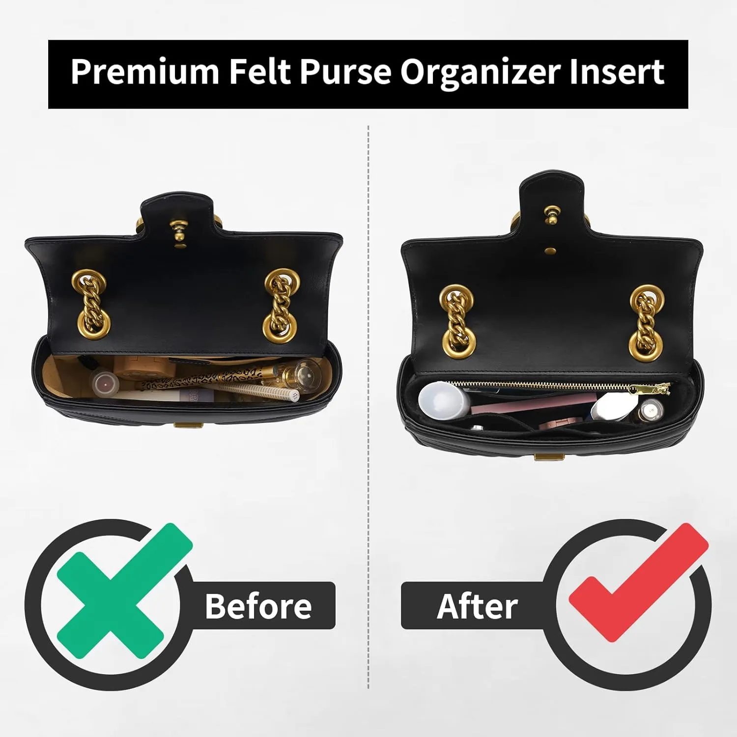 Felt Insert Purse Organizer with Zipper fit GG Marmont Matelasse Shoulder Bag, Organizer Handbag Tote Liner Pouch for Women Inner Bladder Bag Storage (Medium, Black)