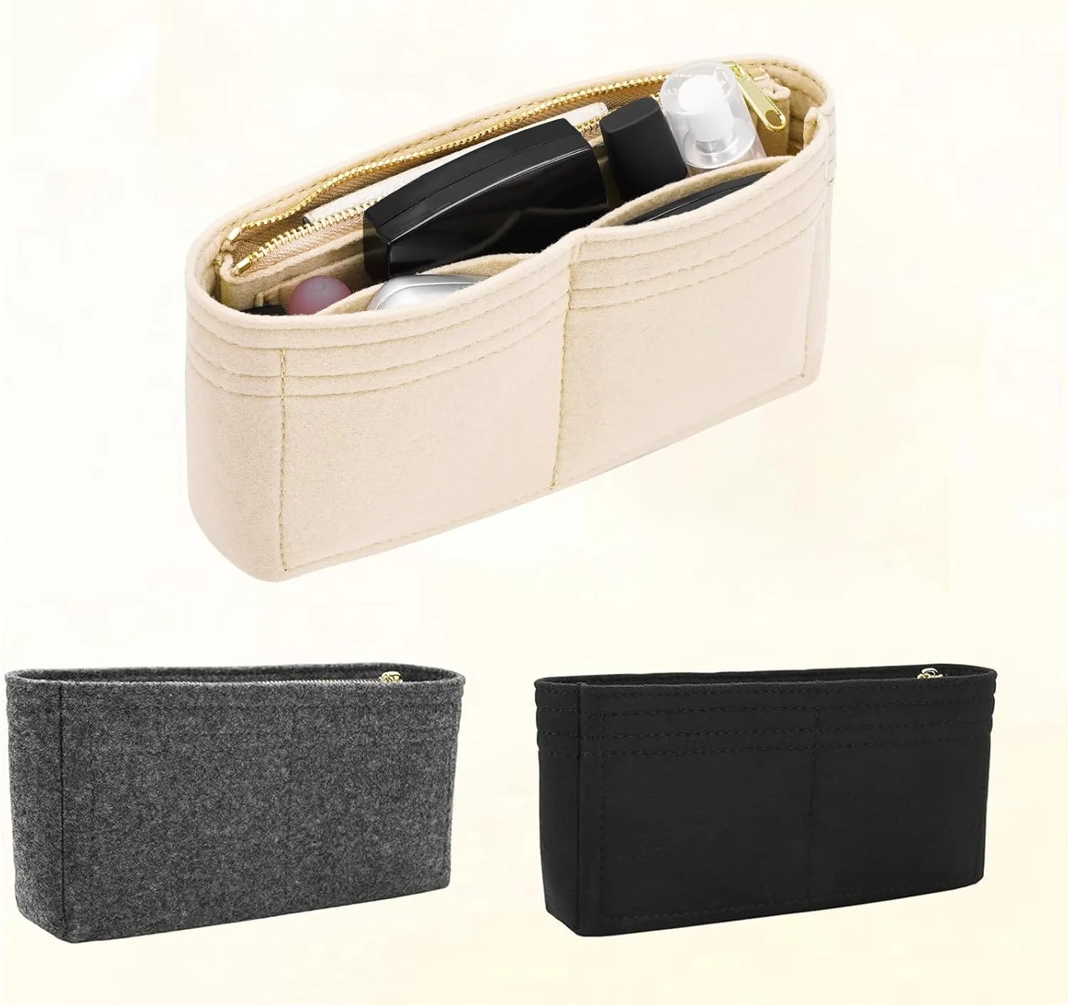 Felt Insert Purse Organizer with Zipper, GG Marmont Matelasse Shoulder Bag Liner Pouch for Women Inner Bladder Storage Bag (Small, Beige)