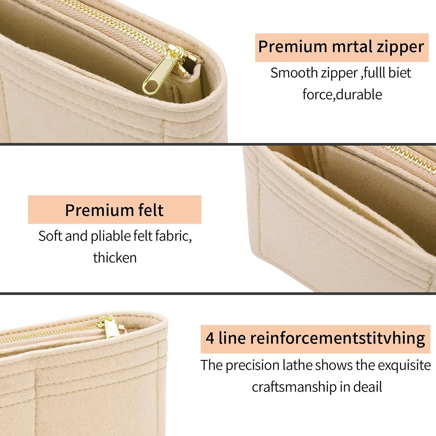 Felt Insert Purse Organizer with Zipper, GG Marmont Matelasse Shoulder Bag Liner Pouch for Women Inner Bladder Storage Bag (Small, Beige)
