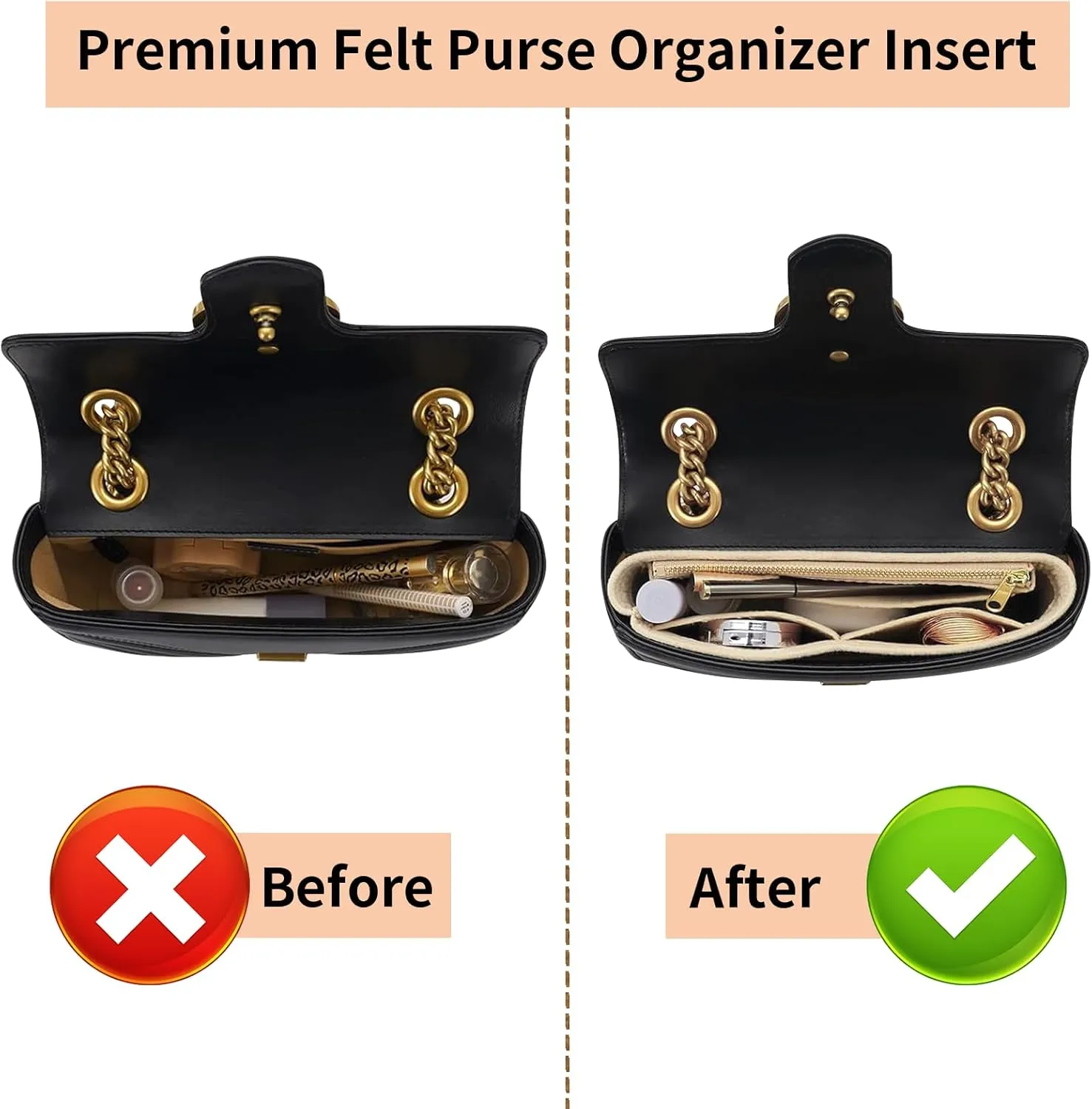 Felt Insert Purse Organizer with Zipper, GG Marmont Matelasse Shoulder Bag Liner Pouch for Women Inner Bladder Storage Bag (Small, Beige)