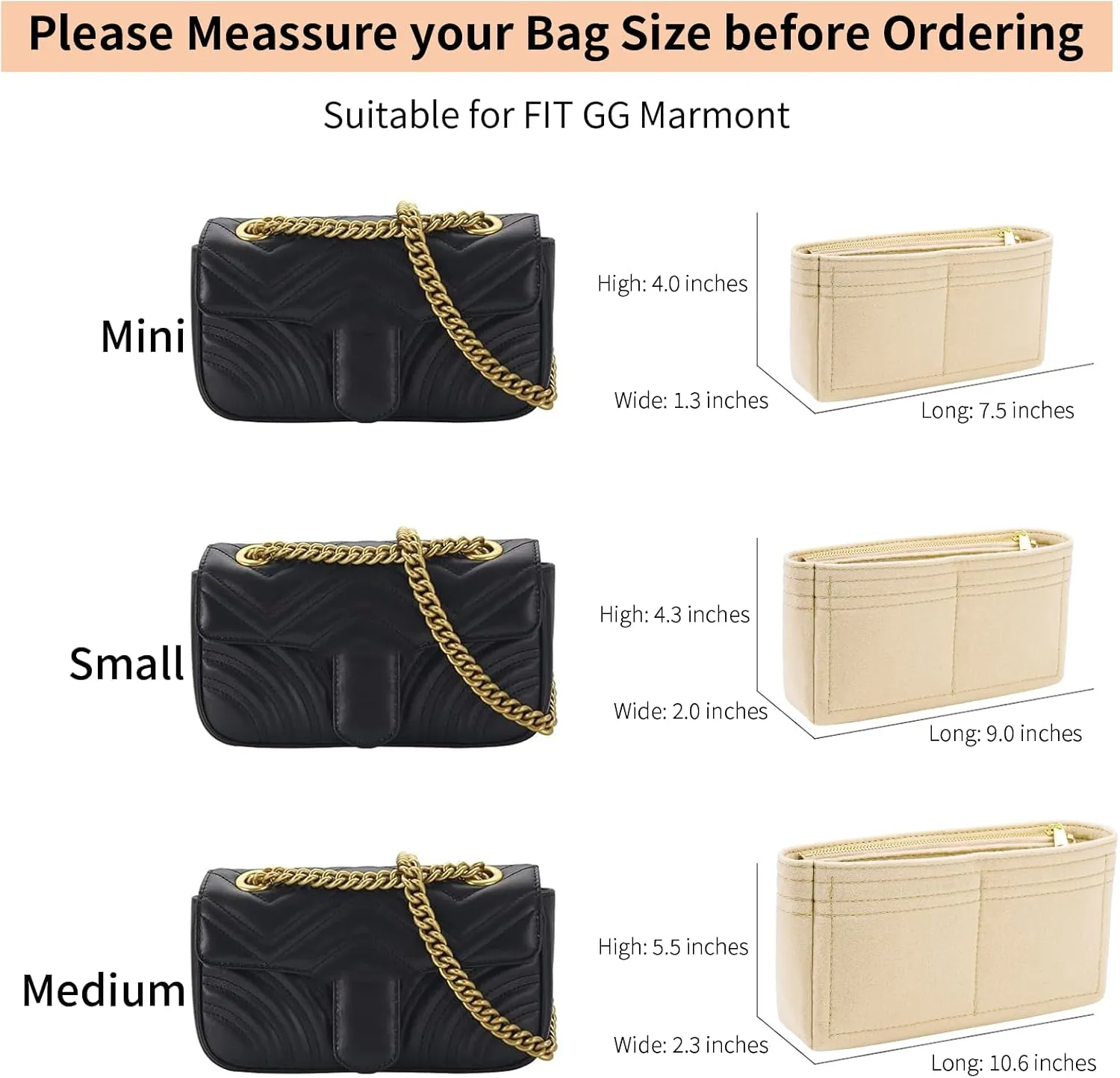 Felt Insert Purse Organizer with Zipper, GG Marmont Matelasse Shoulder Bag Liner Pouch for Women Inner Bladder Storage Bag (Small, Beige)