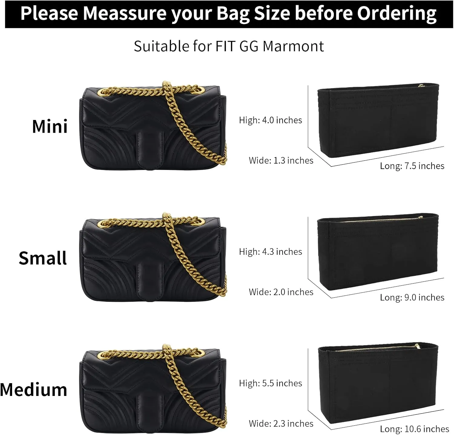 Felt Insert Purse Organizer with Zipper, GG Marmont Matelasse Shoulder Bag Liner Pouch for Women Inner Bladder Storage Bag (Small, Black)