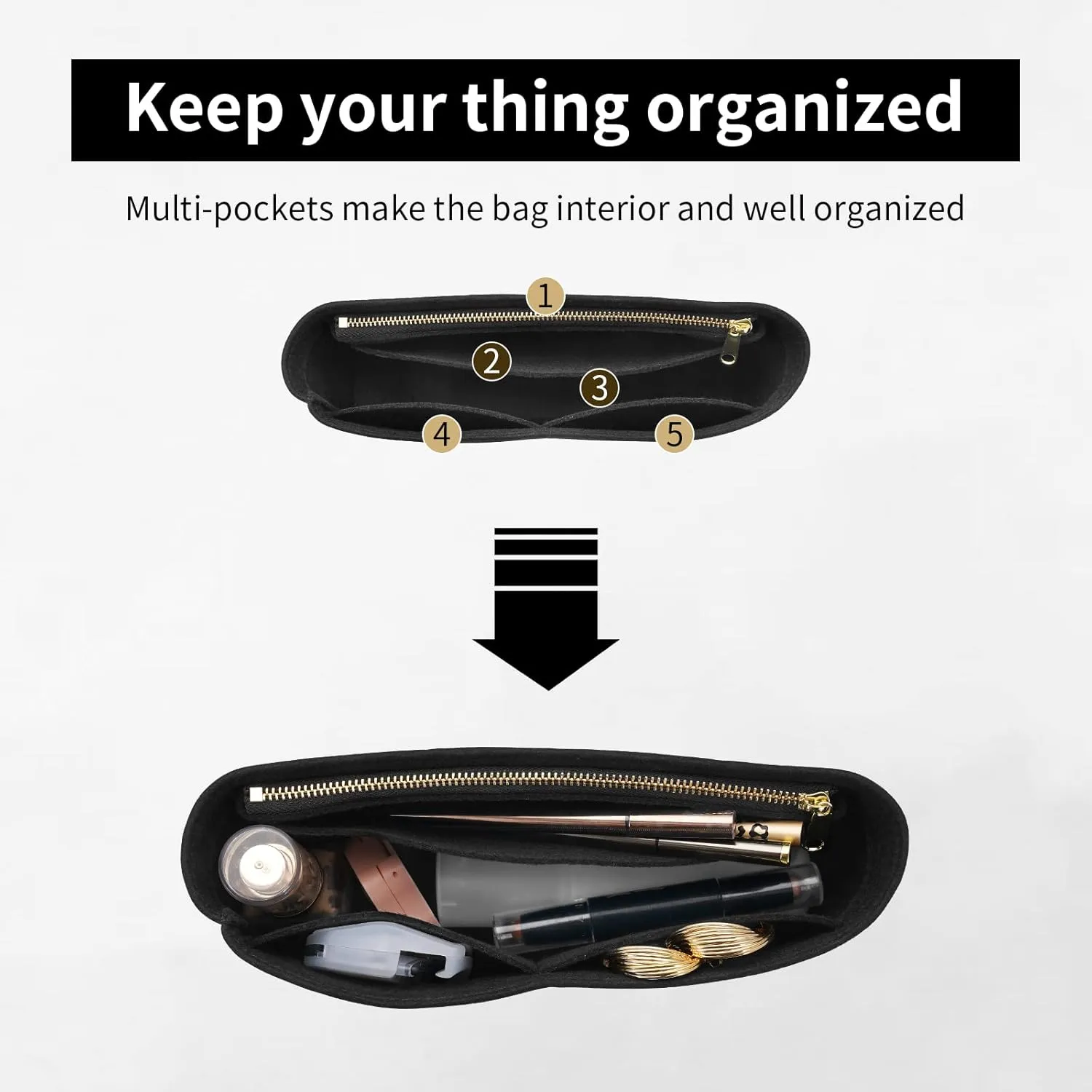 Felt Insert Purse Organizer with Zipper, GG Marmont Matelasse Shoulder Bag Liner Pouch for Women Inner Bladder Storage Bag (Small, Black)