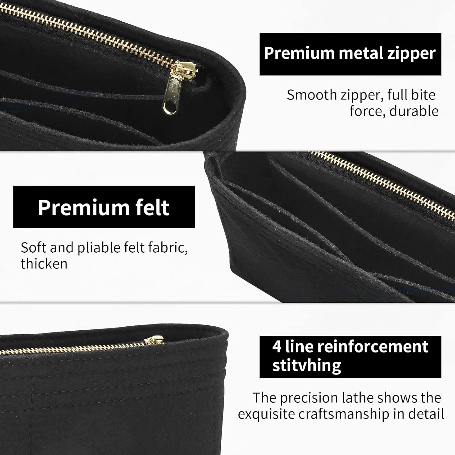 Felt Insert Purse Organizer with Zipper, GG Marmont Matelasse Shoulder Bag Liner Pouch for Women Inner Bladder Storage Bag (Small, Black)