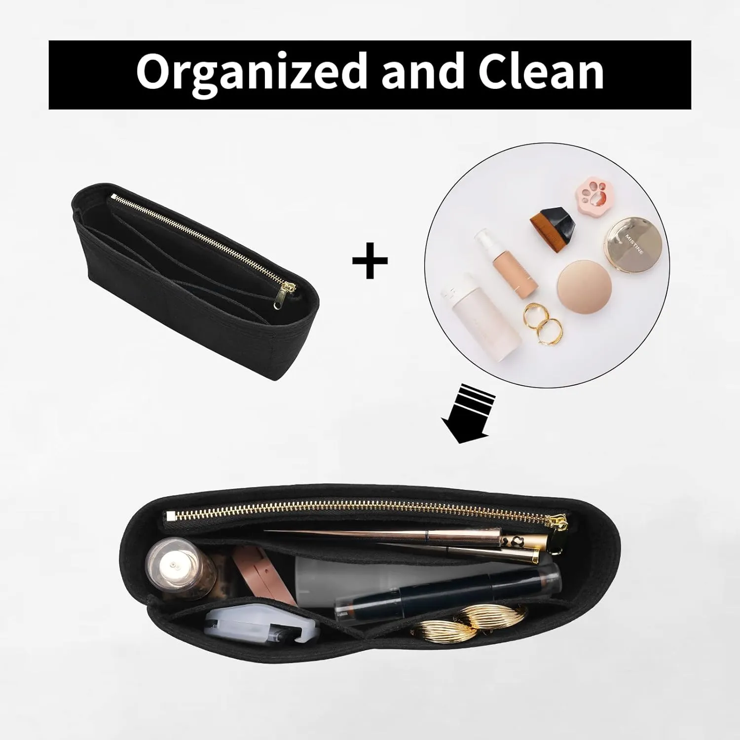 Felt Insert Purse Organizer with Zipper, GG Marmont Matelasse Shoulder Bag Liner Pouch for Women Inner Bladder Storage Bag (Small, Black)