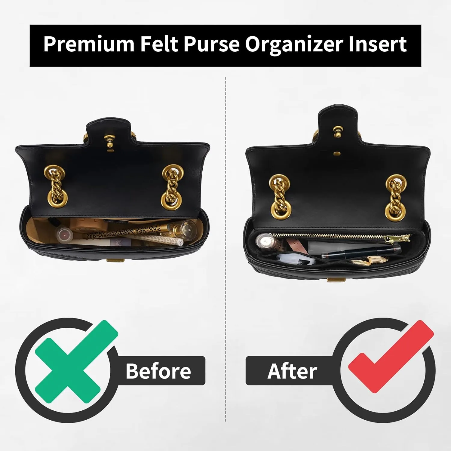 Felt Insert Purse Organizer with Zipper, GG Marmont Matelasse Shoulder Bag Liner Pouch for Women Inner Bladder Storage Bag (Small, Black)
