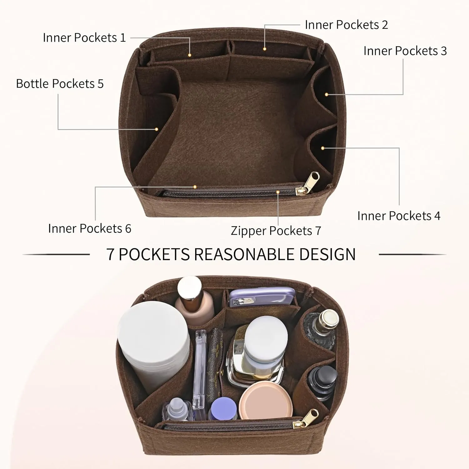 Felt Purse Organizer Inserts for Picotin 22 Inserts HandBag (Brown, PC22)