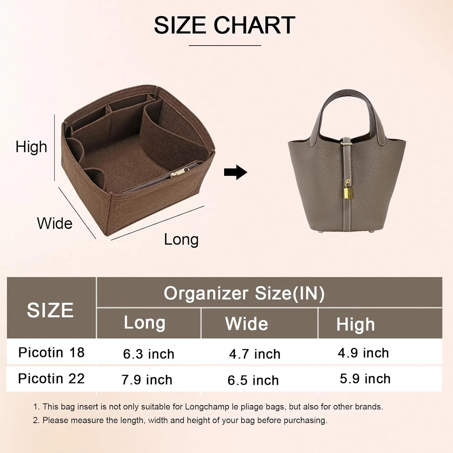 Felt Purse Organizer Inserts for Picotin 22 Inserts HandBag (Brown, PC22)