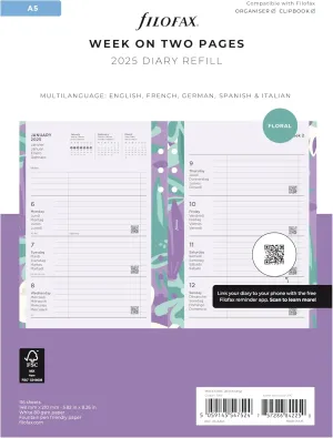 Filofax Calendar Diary Refill, A5 Size, Week-to-View, Illustrated Floral Diary Pack with Four-Color Print Design, Multilingual: Five Languages, 2025 (C6351-25)