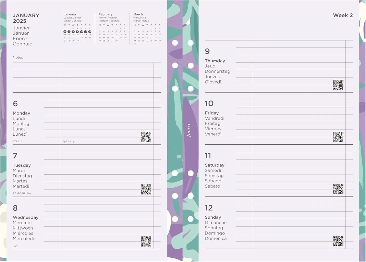 Filofax Calendar Diary Refill, A5 Size, Week-to-View, Illustrated Floral Diary Pack with Four-Color Print Design, Multilingual: Five Languages, 2025 (C6351-25)