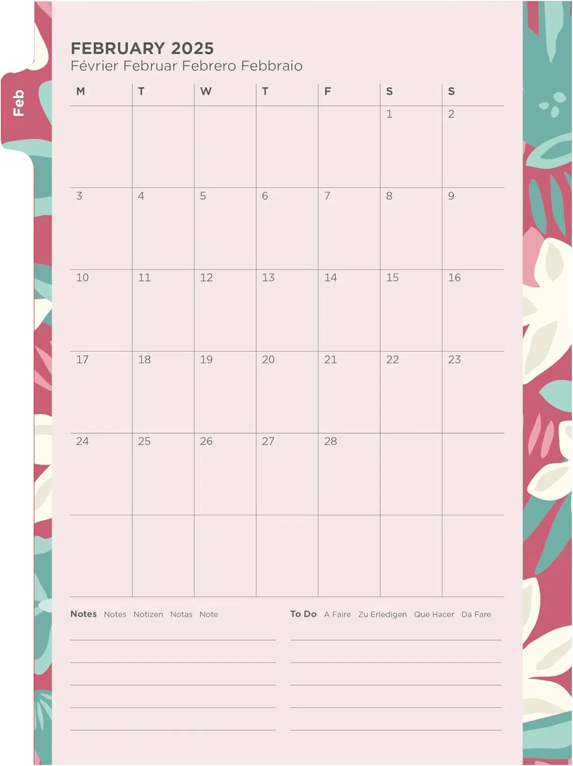 Filofax Calendar Diary Refill, A5 Size, Week-to-View, Illustrated Floral Diary Pack with Four-Color Print Design, Multilingual: Five Languages, 2025 (C6351-25)