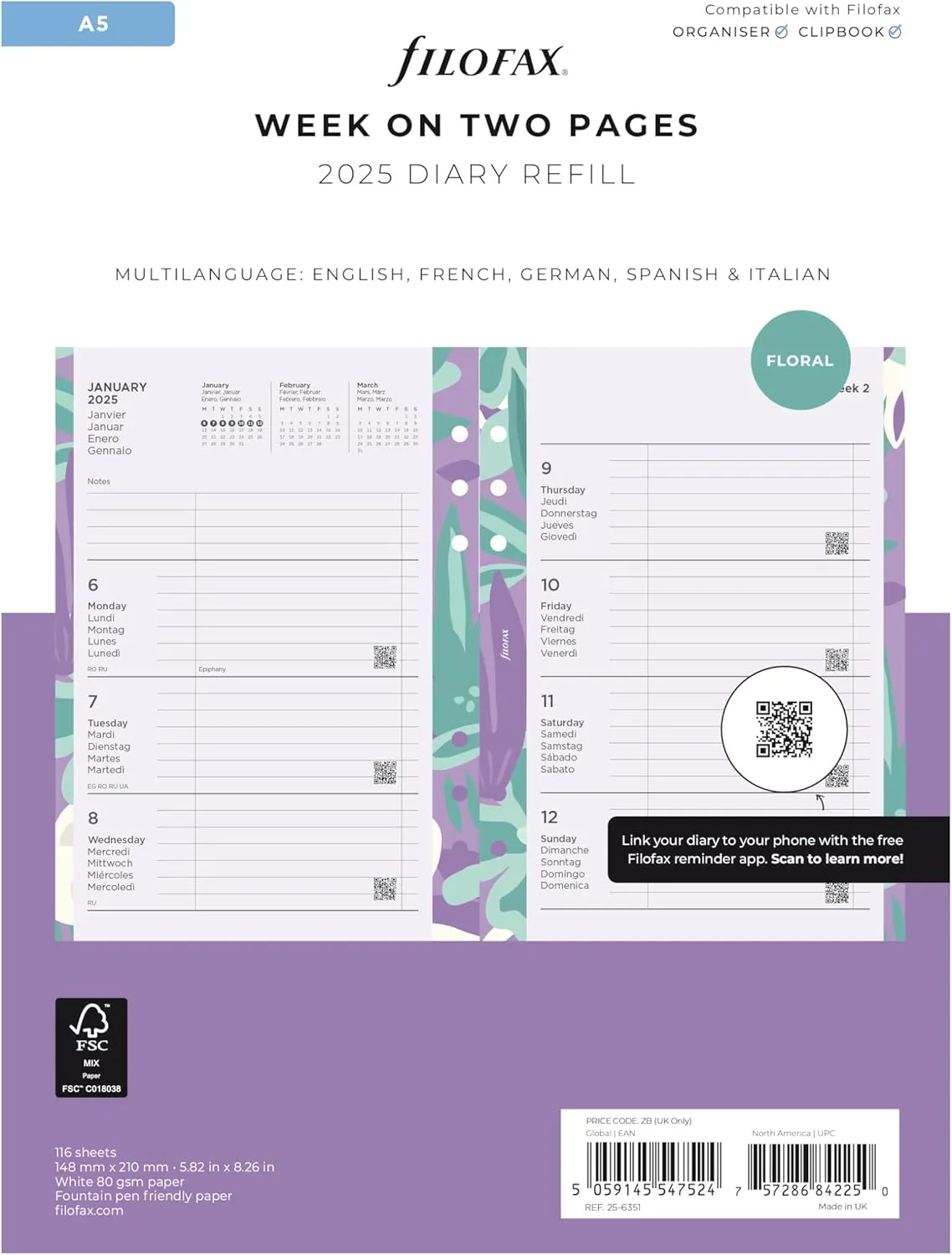 Filofax Calendar Diary Refill, A5 Size, Week-to-View, Illustrated Floral Diary Pack with Four-Color Print Design, Multilingual: Five Languages, 2025 (C6351-25)