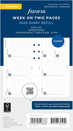 Filofax Calendar Diary Refill, Personal/Compact Size, Week-to-View with Appointments, Horizontal, White Paper, Ruled, English, 2025 (C68420-25)