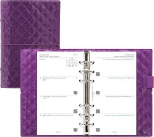 Filofax Domino Luxe Organizer, Personal Size, Purple - High-Gloss, Quilted Effect, Parisian Inspired, Six Rings, Week-to-View Calendar Diary, Multilingual, 2025 (C027989-25)