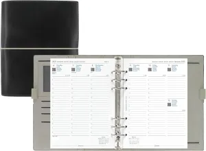 Filofax Domino Organizer, A5 Size, Black - Leather-Look, Contrast Stitching, Six Rings, Week-to-View Calendar Diary, Multilingual, 2025 (C027868-25)