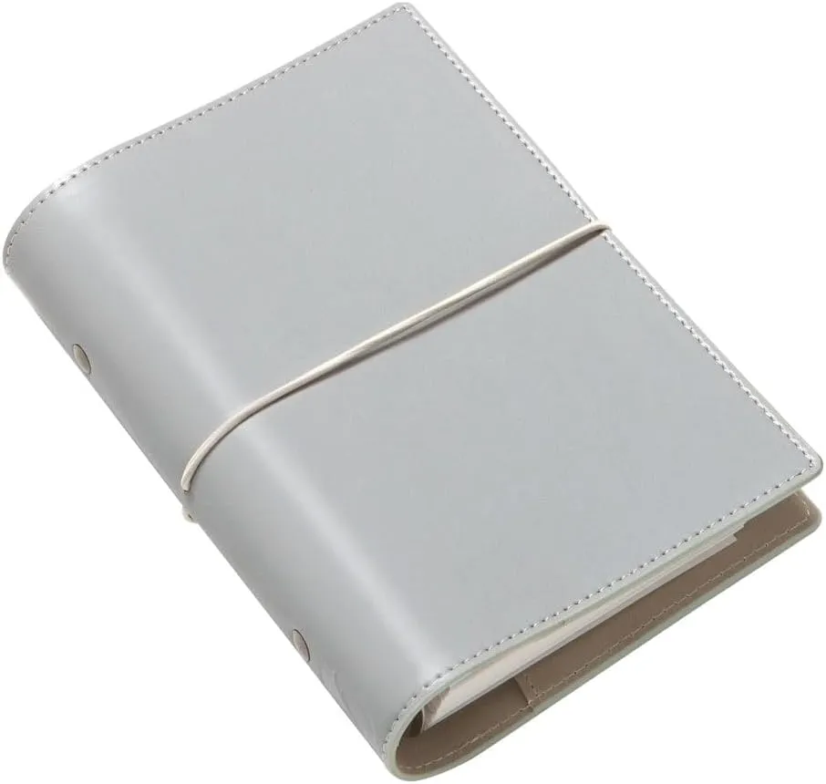 Filofax Domino Organizer, Personal Size, Grey - Smooth, Leather-Look Grain Effect, Contrast Stitching, Six Rings, Week-to-View Calendar Diary, Multilingual, 2025 (C022612-25)