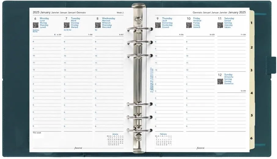 Filofax Domino Patent Organizer, A5 Size, Pine with Spots - High-Gloss, Contemporary, Six Rings, Week-to-View Calendar Diary, Multilingual, 2025 (C022518-25)