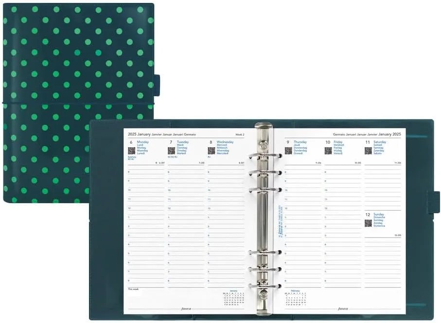 Filofax Domino Patent Organizer, A5 Size, Pine with Spots - High-Gloss, Contemporary, Six Rings, Week-to-View Calendar Diary, Multilingual, 2025 (C022518-25)