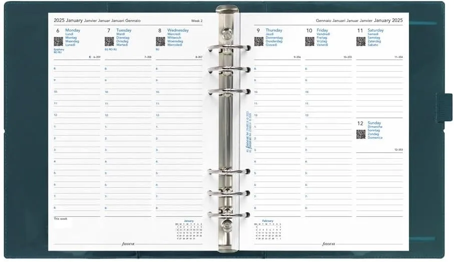 Filofax Domino Patent Organizer, A5 Size, Pine with Spots - High-Gloss, Contemporary, Six Rings, Week-to-View Calendar Diary, Multilingual, 2025 (C022518-25)
