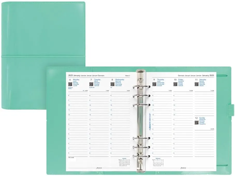 Filofax Domino Patent Organizer, A5 Size, Turquoise - High-Gloss, Contemporary, Six Rings, Week-to-View Calendar Diary, Multilingual, 2025 (C022515-25)