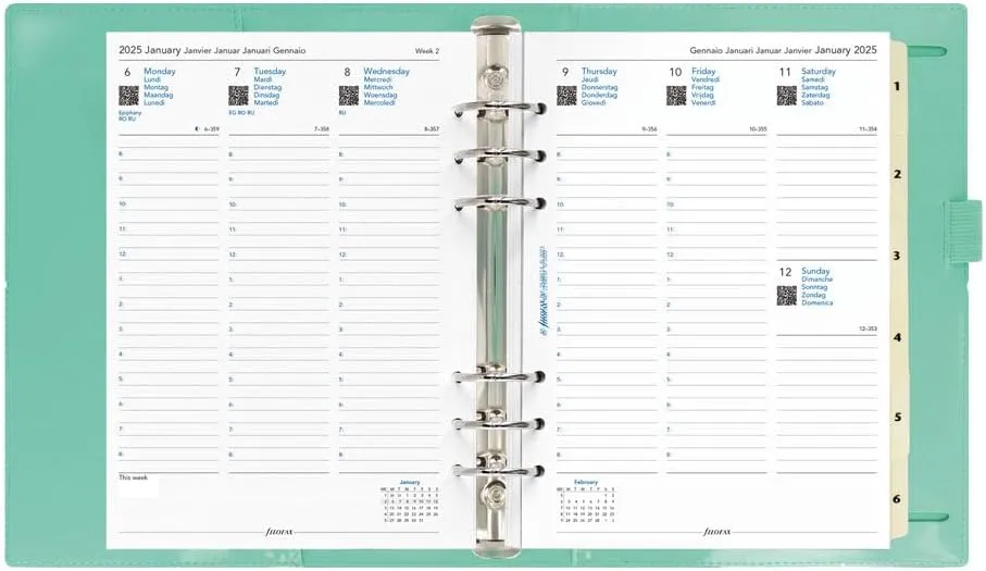 Filofax Domino Patent Organizer, A5 Size, Turquoise - High-Gloss, Contemporary, Six Rings, Week-to-View Calendar Diary, Multilingual, 2025 (C022515-25)