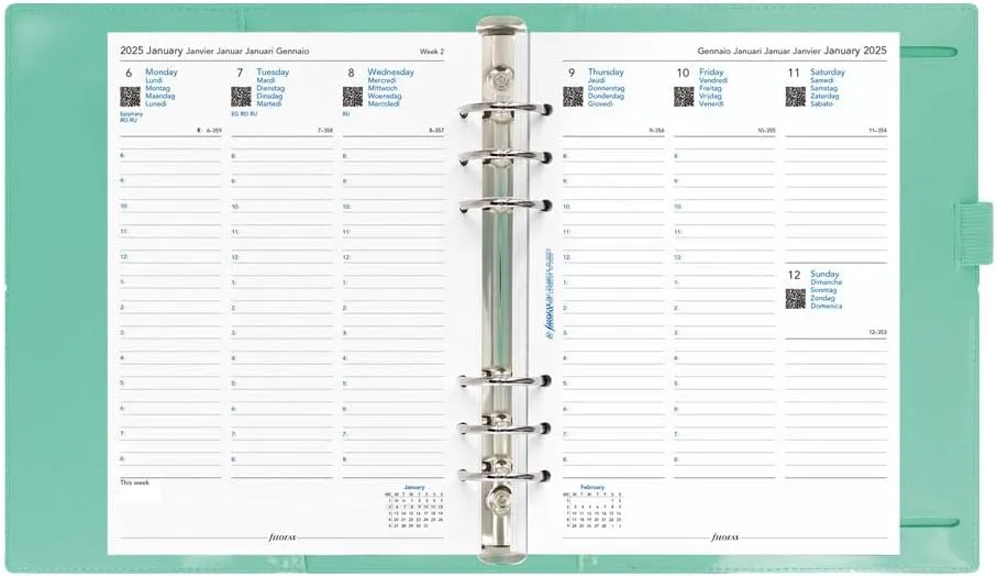 Filofax Domino Patent Organizer, A5 Size, Turquoise - High-Gloss, Contemporary, Six Rings, Week-to-View Calendar Diary, Multilingual, 2025 (C022515-25)