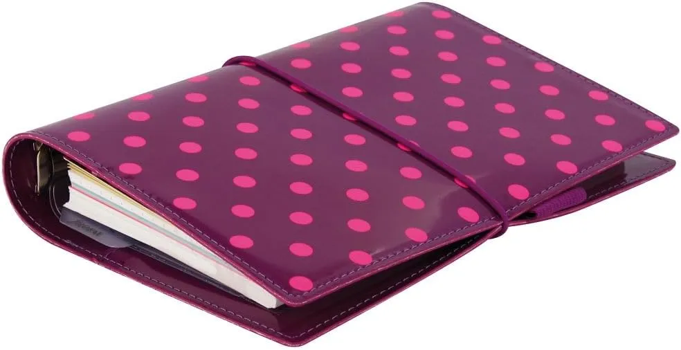 Filofax Domino Patent Organizer, Personal Size, Aubergine with Spots - High-Gloss, Contemporary, Six Rings, Week-to-View Calendar Diary, Multilingual, 2025 (C022520-25)