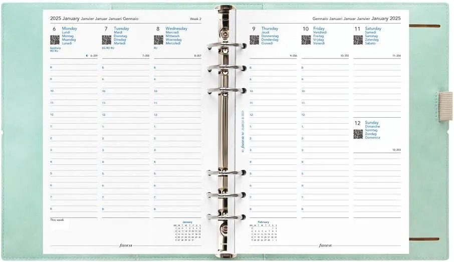 Filofax Domino Soft Organizer, A5 Size, Duck Egg - Smooth, Leather-Look, Grain Effect, Tactile, Six Rings, Week-to-View Calendar Diary, Multilingual, 2025 (C022601-25)