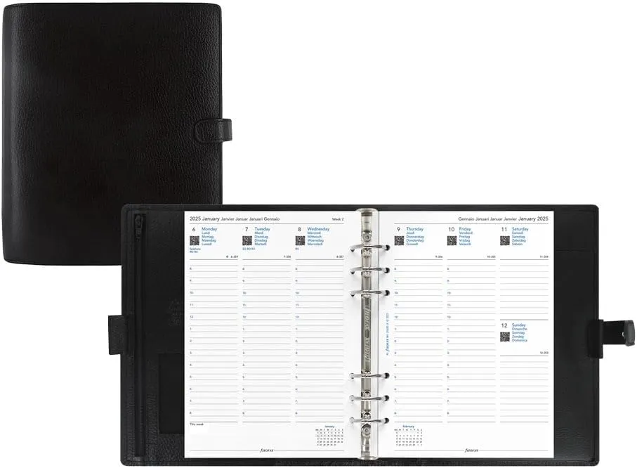 Filofax Finsbury Organizer, A5 Size, Black - Traditional Grained Leather, Six Rings, Week-to-View Calendar Diary, Multilingual, 2025 (C025368-25)