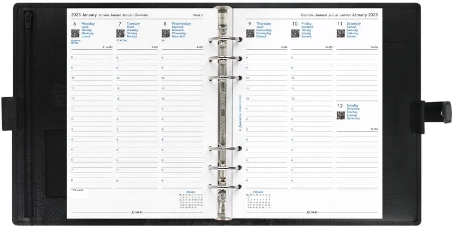 Filofax Finsbury Organizer, A5 Size, Black - Traditional Grained Leather, Six Rings, Week-to-View Calendar Diary, Multilingual, 2025 (C025368-25)