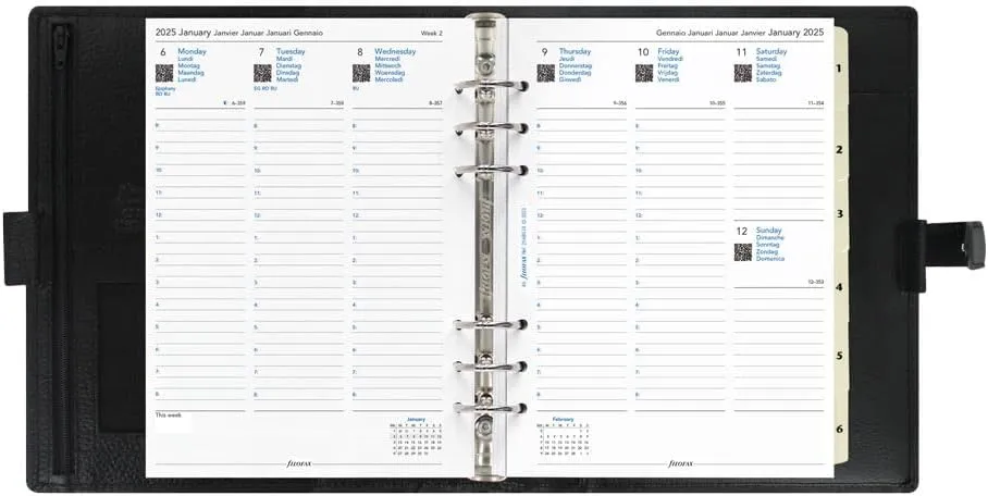 Filofax Finsbury Organizer, A5 Size, Black - Traditional Grained Leather, Six Rings, Week-to-View Calendar Diary, Multilingual, 2025 (C025368-25)