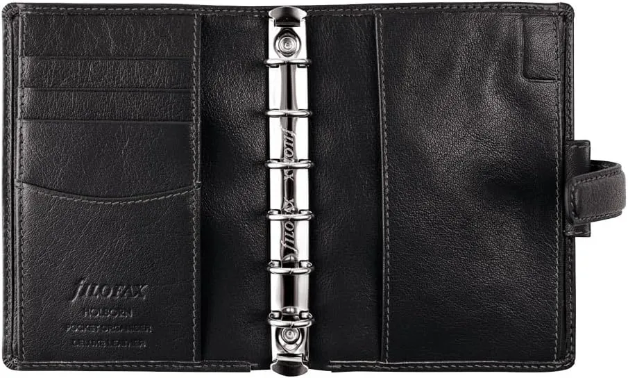 Filofax Holborn Organizer, Pocket Size, Black - Full-Grain Buffalo Leather, Six Rings, Cotton Cream Week-to-View Calendar Diary, Multilingual, 2025 (C025115-25)