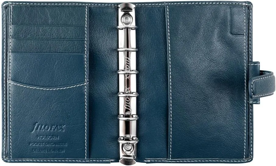 Filofax Holborn Organizer, Pocket Size, Blue - Full-Grain Buffalo Leather, Six Rings, Cotton Cream Week-to-View Calendar Diary, Multilingual, 2025 (C025610-25)