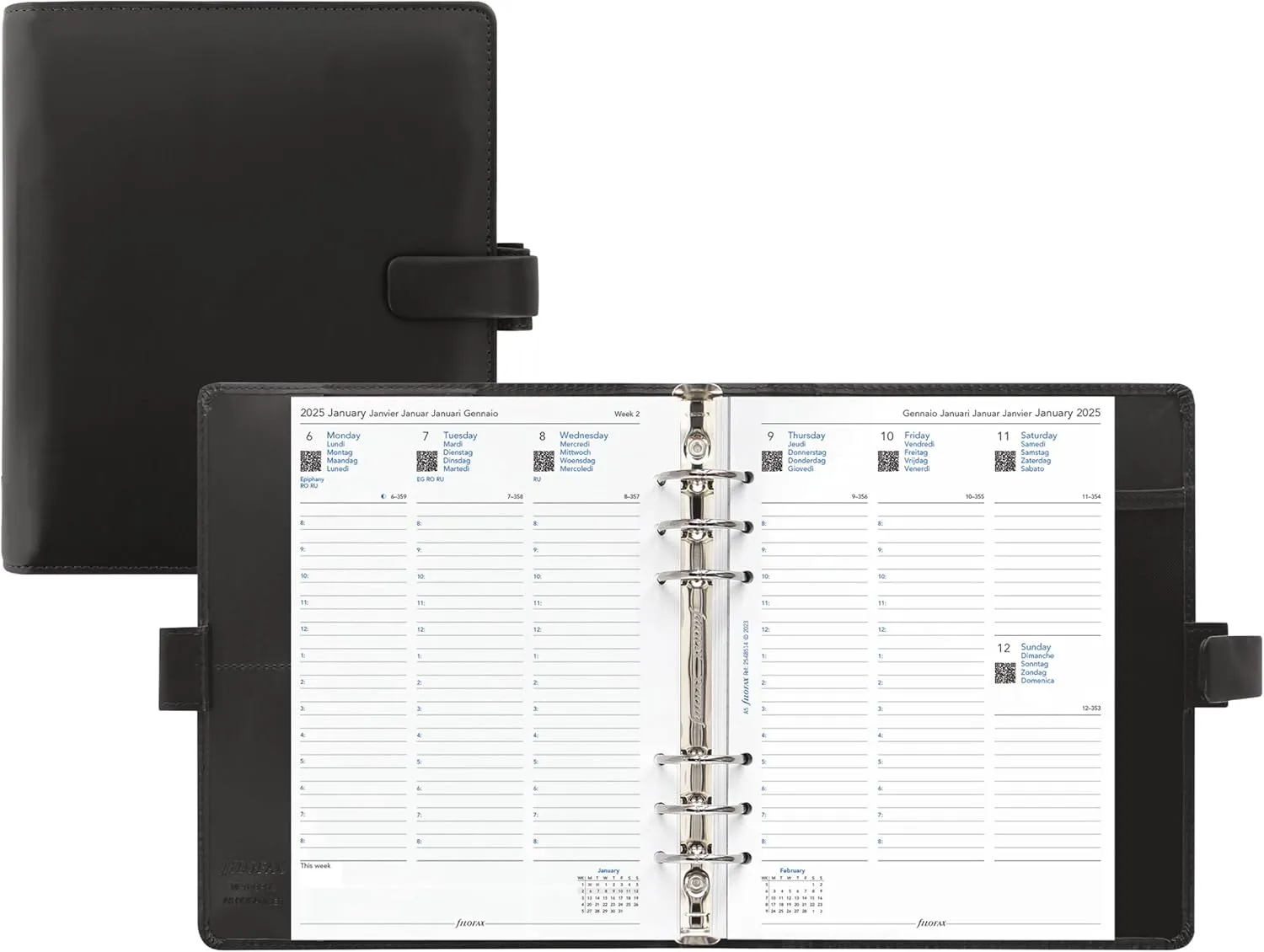 Filofax Metropol Organizer, A5 Size, Black - Leather-Look, Six Rings, Week-to-View Calendar Diary, Multilingual, 2025 (C026968-25)