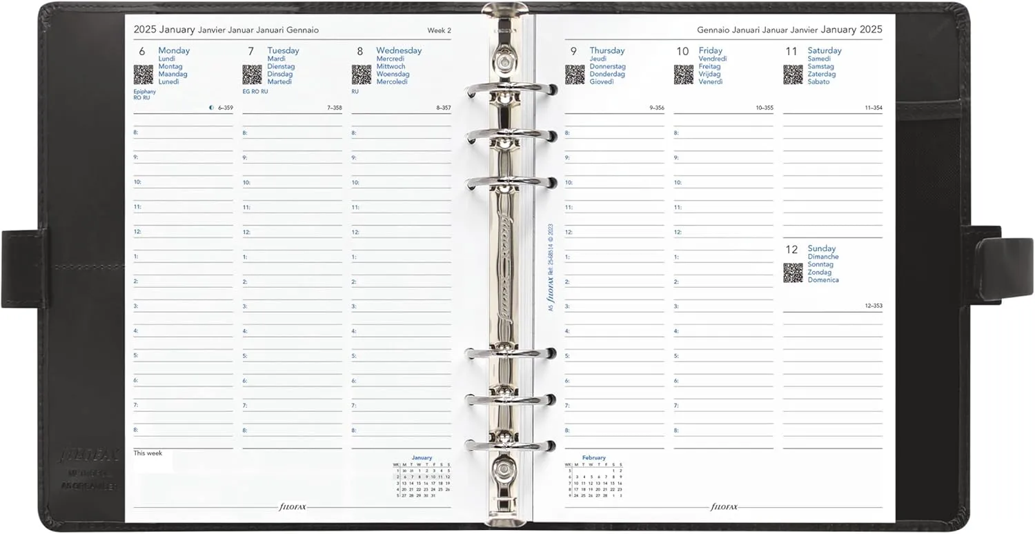Filofax Metropol Organizer, A5 Size, Black - Leather-Look, Six Rings, Week-to-View Calendar Diary, Multilingual, 2025 (C026968-25)
