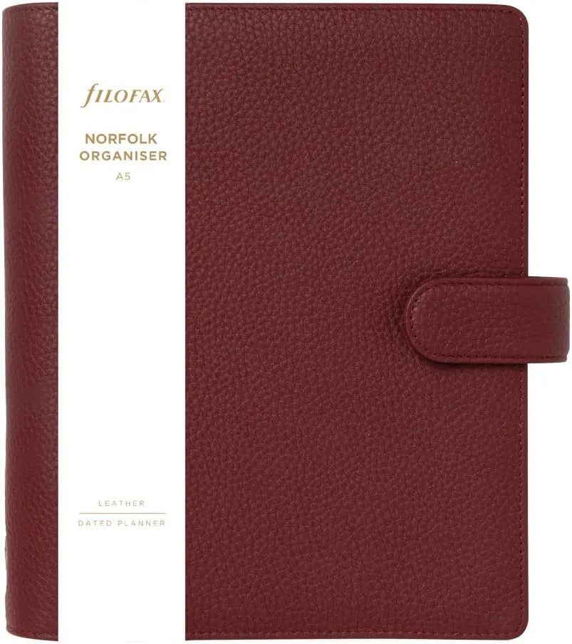 Filofax Norfolk Organizer, A5 Size, Currant - Soft, Full-Grain Leather, Six Rings, Week-to-View Calendar Diary, Multilingual, 2025 (C022672-25)