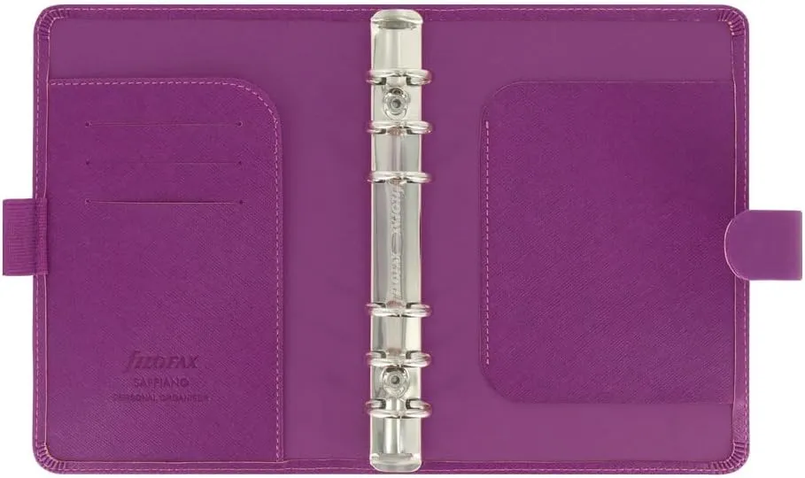 Filofax Saffiano Organizer, Personal Size, Raspberry - Cross-Grain, Leather-Look, Six Rings, Week-to-View Calendar Diary, Multilingual, 2025 (C022453-25)