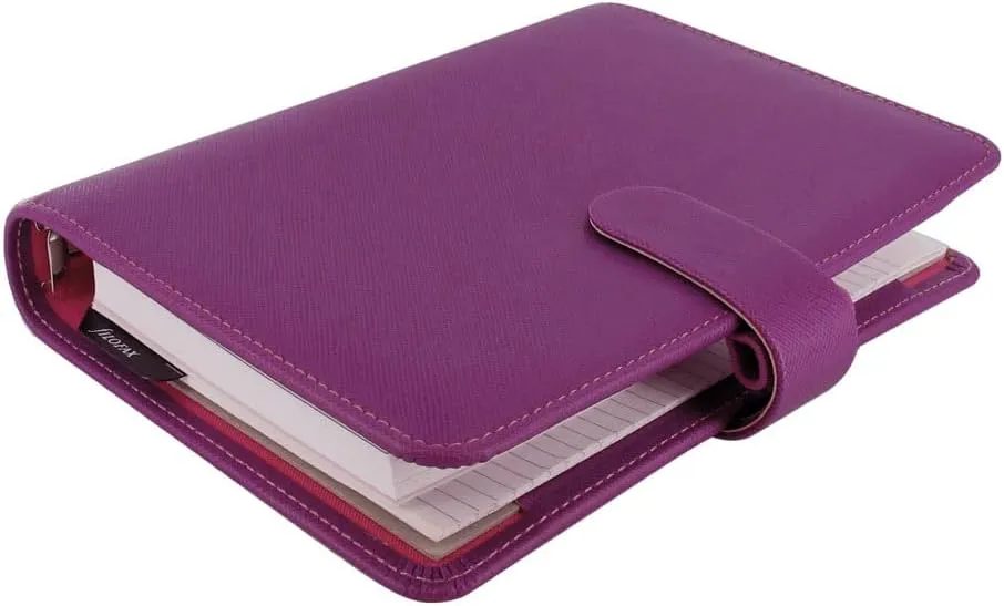 Filofax Saffiano Organizer, Personal Size, Raspberry - Cross-Grain, Leather-Look, Six Rings, Week-to-View Calendar Diary, Multilingual, 2025 (C022453-25)